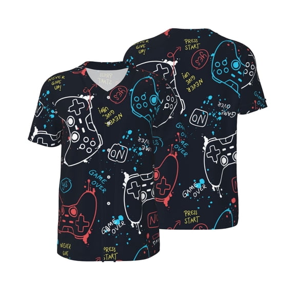 Balery Joystick Gamepad Baseball Jersey for Men Casual Button Down Shirts Short Sleeve Active Team Sports Uniform-3X-Large