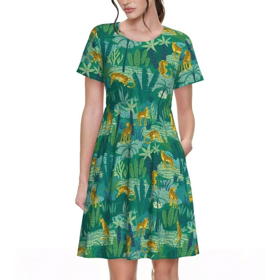 Balery Jungle Leopard Pattern Womens Dresses Loose Short sleeve Sundresses Swimsuit Coverup 2025 Summer Casual Dress for Women - A-Line Swing Dress