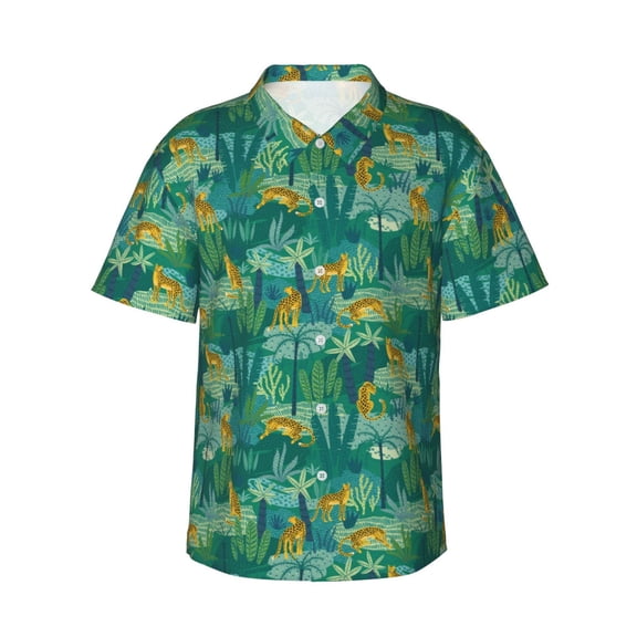 Balery Jungle Leopard Print Men's Hawaiian Shirts Short Sleeve Beach Shirt Relaxed Fit Vacation Button Down Shirts-Small