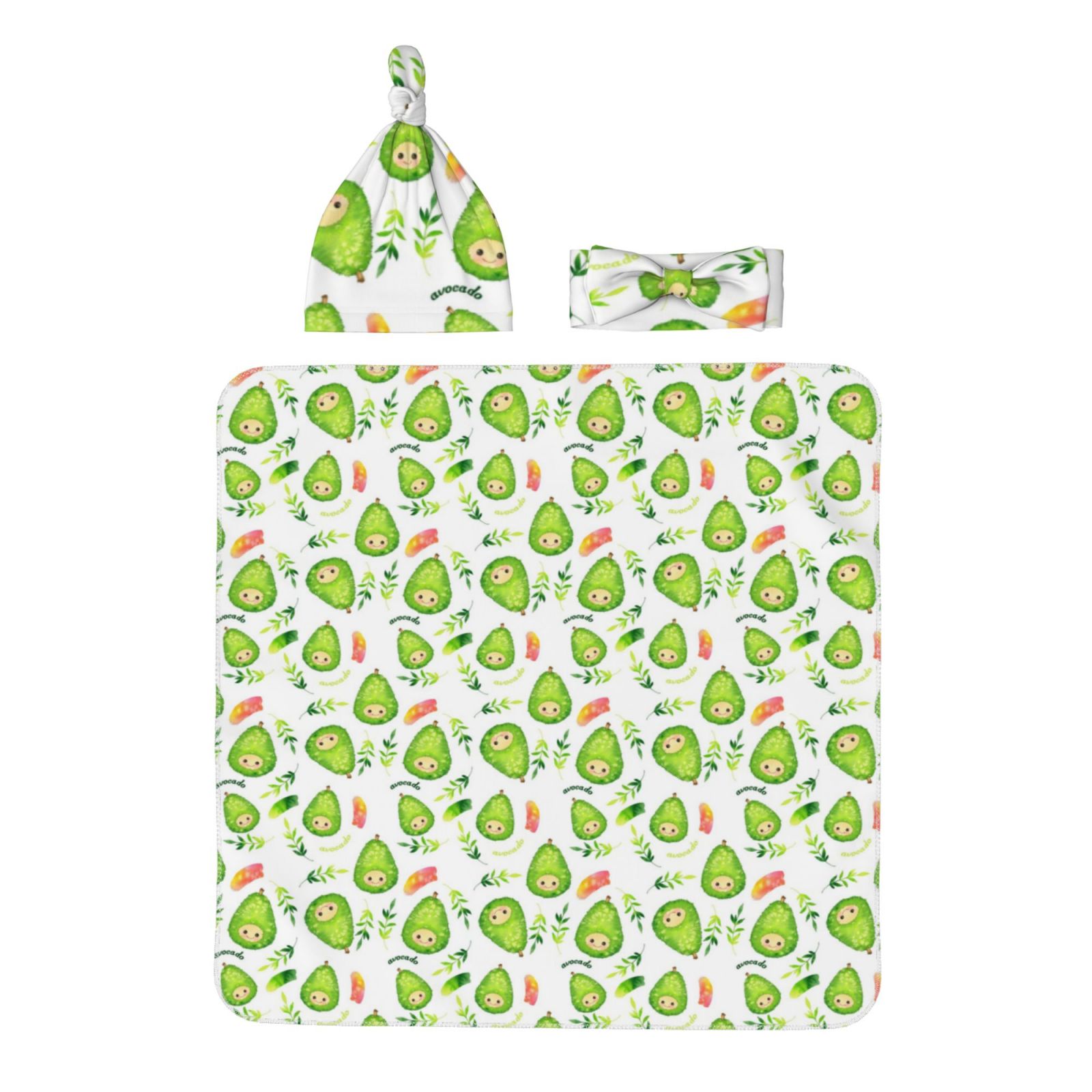 Balery Kawaii Avocado Printed Newborn Receiving Blanket Bow Headband