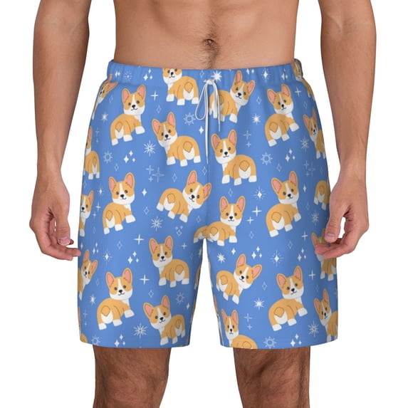 Balery Kawaii Corgi Mens Swim Trunks Swim Shorts for Men Quick Dry Inseam Beach Shorts with Compression Liner Pocket-3X-Large