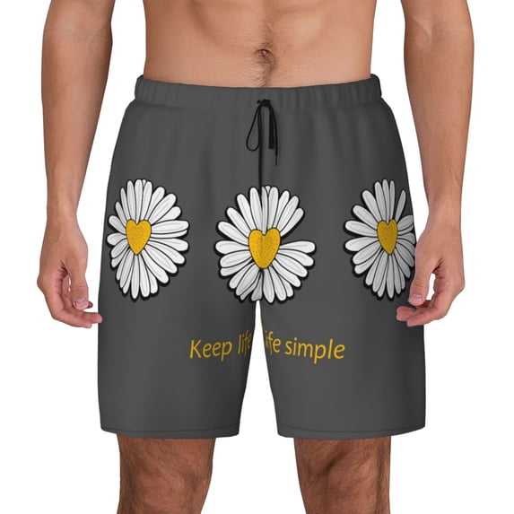Balery Keep Life Simple Daisy Flower Mens Swim Trunks Swim Shorts for Men Quick Dry Inseam Beach Shorts with Compression Liner Pocket-X-Large