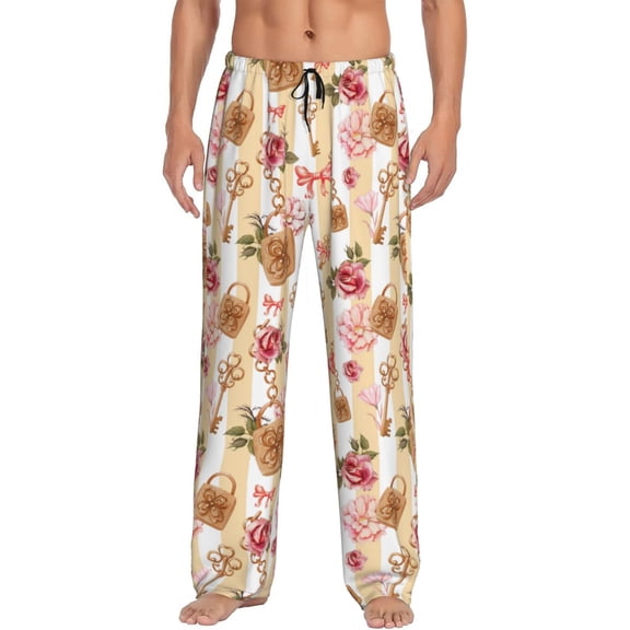Balery Key Lock And Flowers print Men's Pajama Pants,Ultra Lightweight Pjs,Lounge Pant-Medium