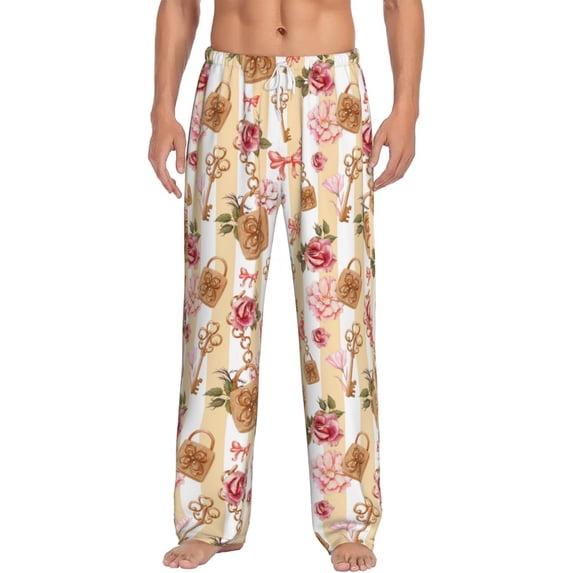 Balery Key Lock And Flowers print Men's Pajama Pants,Ultra Lightweight Pjs,Lounge Pant-Small