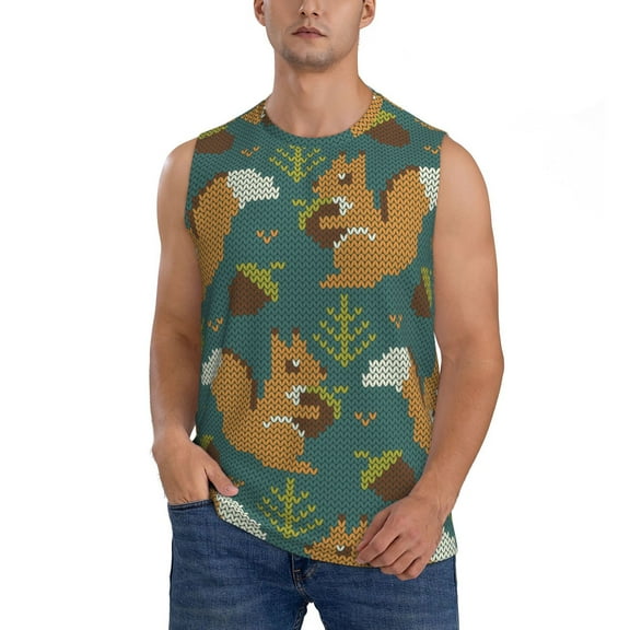 Balery Knitted Woodland Squirrel Men's Sleeveless Muscle Shirts Workout Tank Top, Moisture Wicking, Odor Protection-Medium