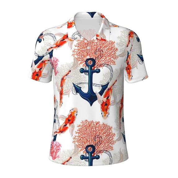 Balery Koi Fish And Corals Printed Men’s Short Sleeve Polo Shirt, Midweight Men's Shirt,Golf Polo shirts -Large