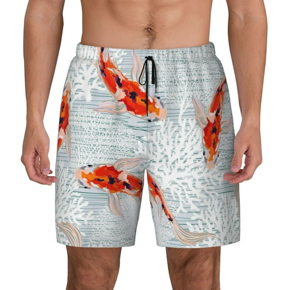 Balery Koi Fish Corals,Spring Summer Mens Swim Trunks Swim Shorts for Men Quick Dry Inseam Beach Shorts with Compression Liner Pocket-Medium
