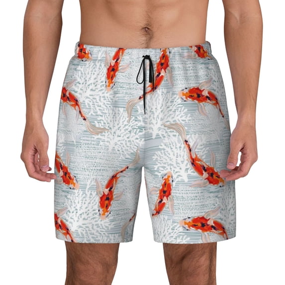 Balery Koi Fish Corals,Spring Summer Mens Swim Trunks Swim Shorts for Men Quick Dry Inseam Beach Shorts with Compression Liner Pocket-XX-Large