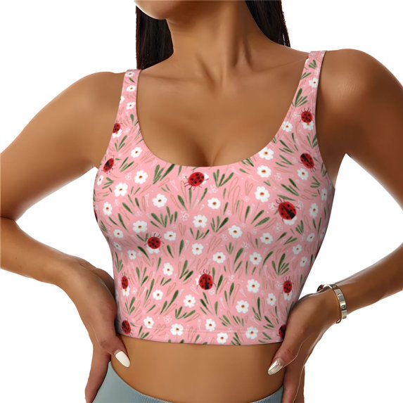 Balery Ladybug And Flowers Pattern Racerback Sports Bras for Women - Padded Seamless High Impact Support for Yoga Gym Workout Fitness-X-Large