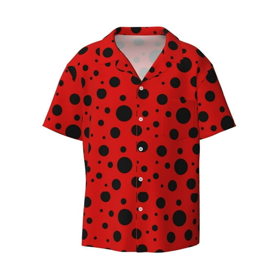 Balery Ladybug Pattern Men's Casual Button Down Shirt Short Sleeve Textured Summer Cuban Beach Shirts-X-Large