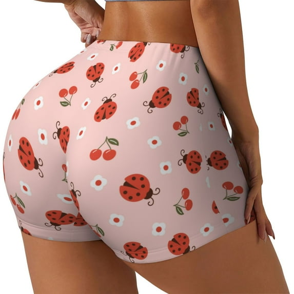 Balery Ladybug With Flower Printed Workout Shorts for Women Seamless Scrunch Short Gym Yoga Running Sport Active Exercise Fitness Shorts-Medium