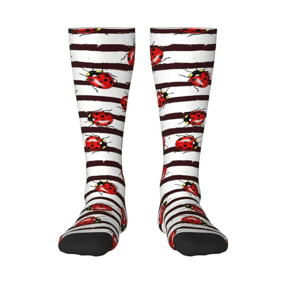 Balery Ladybugs on Black and White Striped1 Printed Novelty Socks Men's Women's Crew Socks Sports Socks Knee High Socks Cotton Socks Quirky and Cool Socks