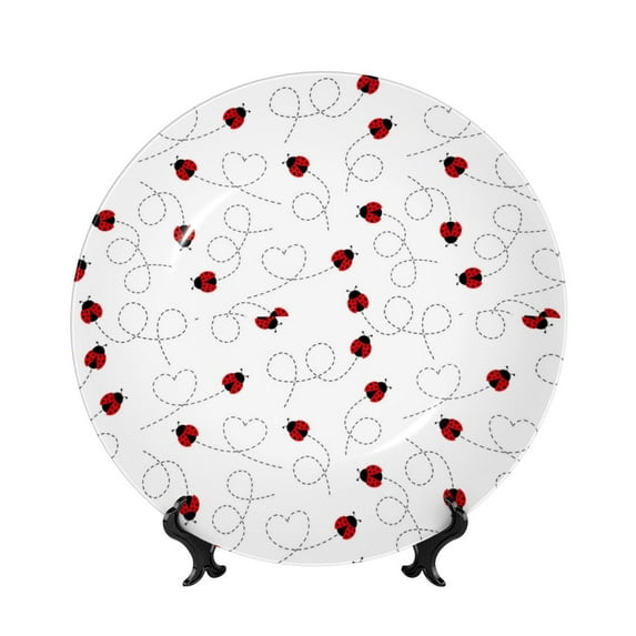 Balery Ladybugs Flying On Dotted Route Print Bone China Decorative Plate Ceramic Dinner Plates Art Crafts with Display Stand-7in