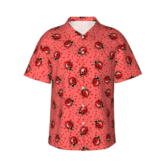 Balery Ladybugs On Red Polka Dot Print Men's Hawaiian Shirts Short Sleeve Beach Shirt Relaxed Fit Vacation Button Down Shirts-3X-Large