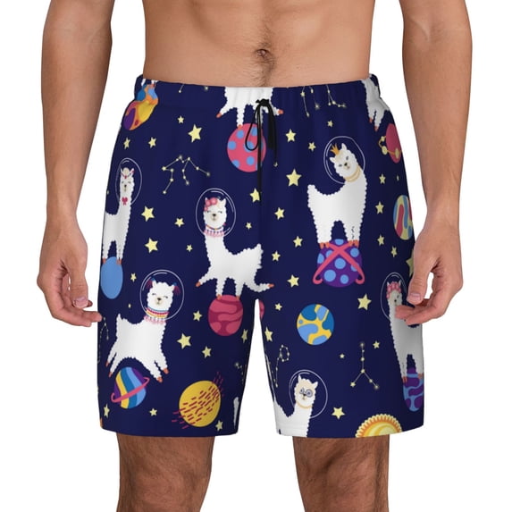 Balery Lama in Space Mens Swim Trunks Swim Shorts for Men Quick Dry Inseam Beach Shorts with Compression Liner Pocket-Medium