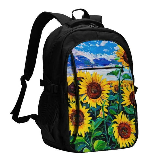 Balery Landscape With Sunflowers Print USB Charging Backpack for Men and Women - Water-Resistant, Anti-Theft Laptop Backpack with USB Port for Travel, Work, School, and College