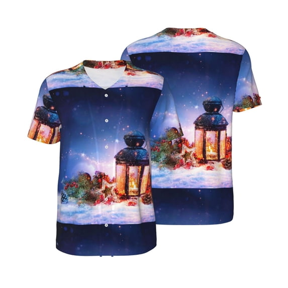 Balery Lantern On Snow With Christmas Baseball Jersey for Men Casual Button Down Shirts Short Sleeve Active Team Sports Uniform-Small