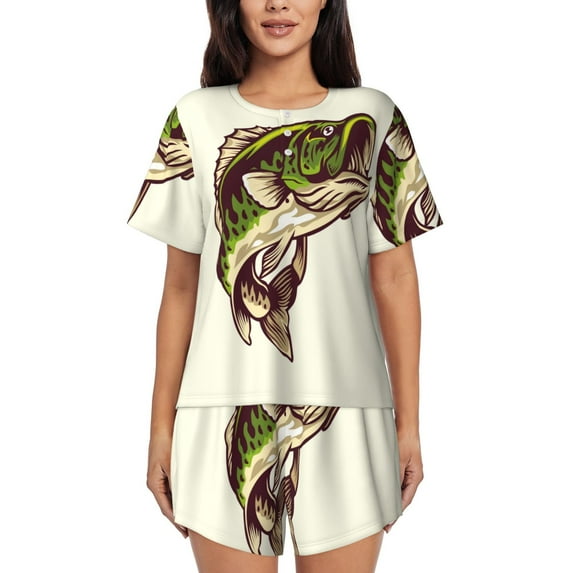 Balery Largemouth Bass Fish (3) Pattern Womens Pajama Sets 2 Piece Soft Short Sleeve Top and Shorts Sleepwear Round Neck Pjs Lounge Set with Pockets-4X-Large