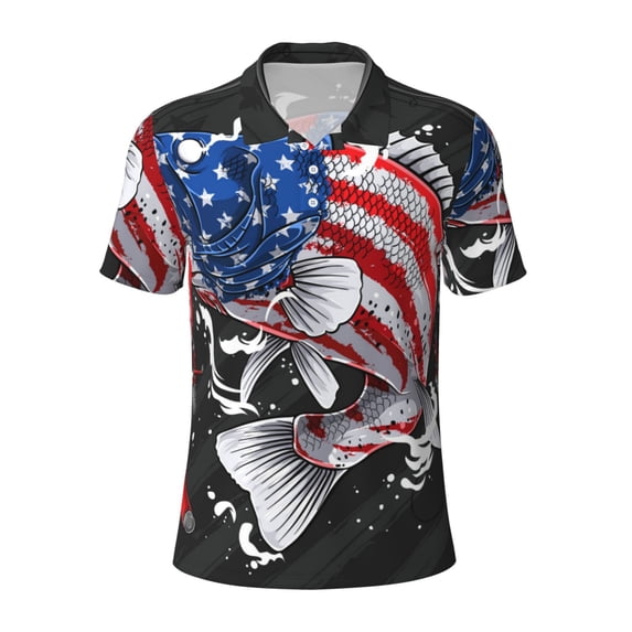 Balery Largemouth Bass Fish in USA Printed Men’s Short Sleeve Polo Shirt, Midweight Men's Shirt,Golf Polo shirts -Large