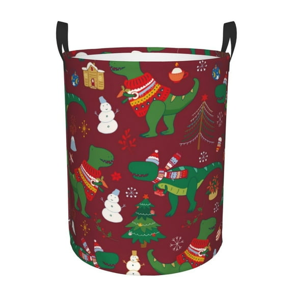 Balery Dinosaur Christmas Happy New Year Round Laundry Basket with Handles Waterproof Freestanding Laundry Hamper for Clothes Toys in the Dorm and Family-Medium