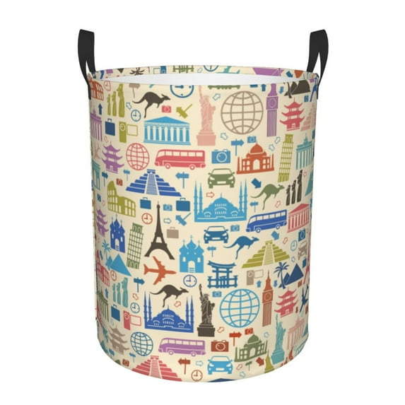 Balery Famous Places Round Laundry Basket with Handles Waterproof Freestanding Laundry Hamper for Clothes Toys in the Dorm and Family-Small