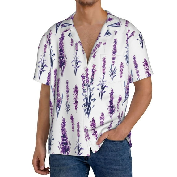 Balery Lavender Flowers Men's Casual Button Down Shirt Short Sleeve Textured Summer Cuban Beach Shirts-Large