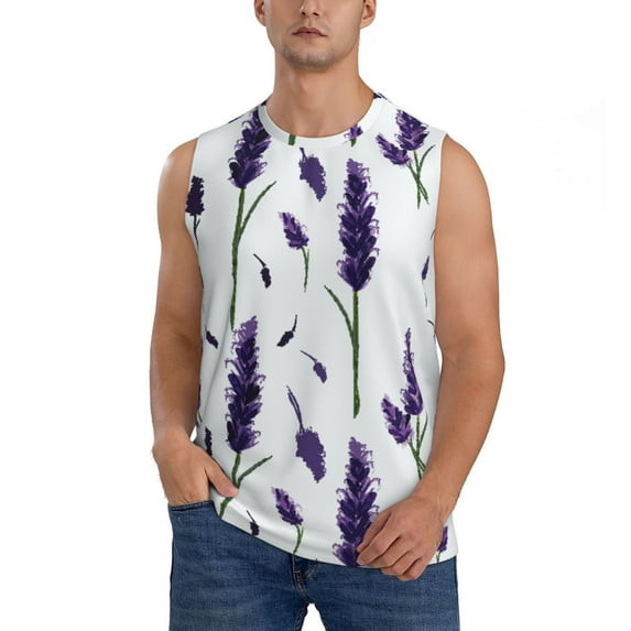 Balery Lavender Flowers Men's Sleeveless Muscle Shirts Workout Tank Top, Moisture Wicking, Odor Protection-