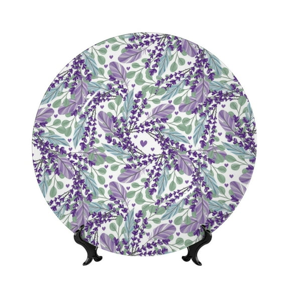 Balery Lavender Flowers Print Bone China Decorative Plate Ceramic Dinner Plates Art Crafts with Display Stand-10in