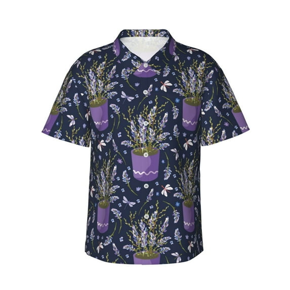 Balery Lavender Flowers Print Men's Hawaiian Shirts Short Sleeve Beach Shirt Relaxed Fit Vacation Button Down Shirts-Medium