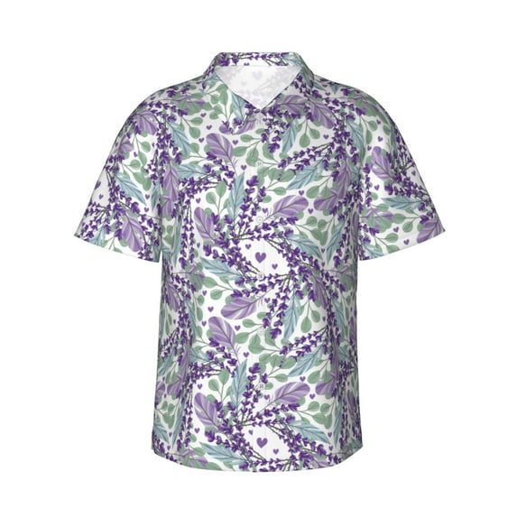 Balery Lavender Flowers Print Men's Hawaiian Shirts Short Sleeve Beach Shirt Relaxed Fit Vacation Button Down Shirts-XX-Large
