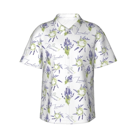 Balery Lavender Flowers Print Men's Hawaiian Shirts Short Sleeve Beach Shirt Relaxed Fit Vacation Button Down Shirts-