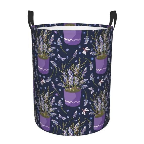 Balery Lavender Flowers Round Laundry Basket with Handles Waterproof Freestanding Laundry Hamper for Clothes Toys in the Dorm and Family-Small