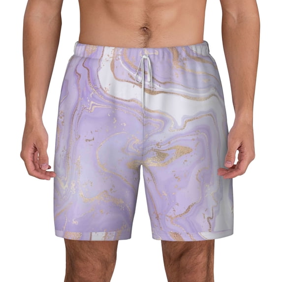 Balery Lavender Glitter Foil Stripes Mens Swim Trunks Swim Shorts for Men Quick Dry Inseam Beach Shorts with Compression Liner Pocket-3X-Large
