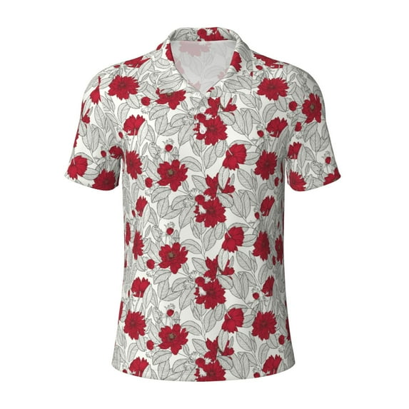 Balery Leaves And Anemone Flowers In Red Grey Printed Men’s Short Sleeve Polo Shirt, Midweight Men's Shirt,Golf Polo shirts -Small