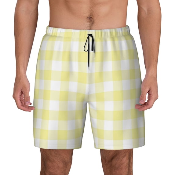 Balery Lemon Yellow Checkboard Mens Swim Trunks Swim Shorts for Men Quick Dry Inseam Beach Shorts with Compression Liner Pocket-Medium