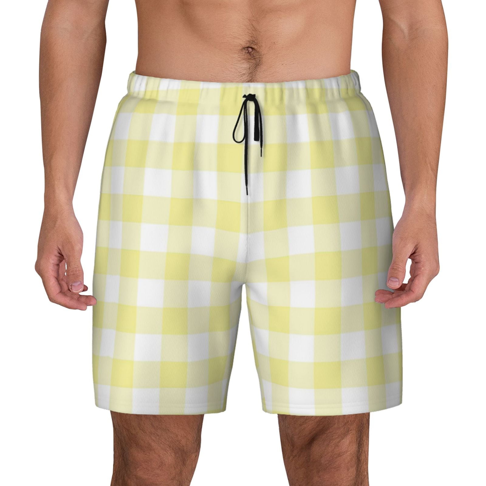 Balery Lemon Yellow Checkboard Mens Swim Trunks Swim Shorts for Men ...