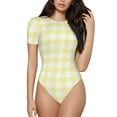 thumbnail image 1 of Balery Lemon Yellow Checkboard Women's Short Sleevee Crew Neck Bodysuit Tops Short Sleeve Tops Basic-Medium, 1 of 9