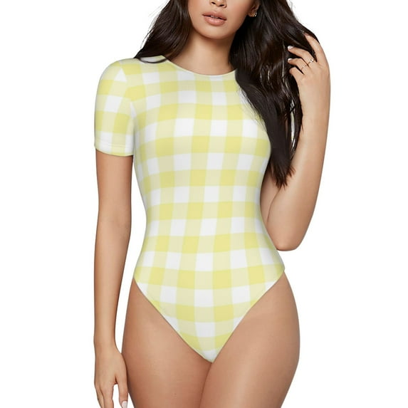 Balery Lemon Yellow Checkboard Women's Short Sleevee Crew Neck Bodysuit Tops Short Sleeve Tops Basic-Medium