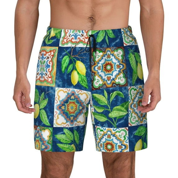 Balery Lemon and Leaves Mens Swim Trunks Swim Shorts for Men Quick Dry Inseam Beach Shorts with Compression Liner Pocket-Large