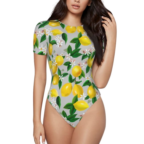 Balery Lemon1 Women's Short Sleevee Crew Neck Bodysuit Tops Short Sleeve Tops Basic-Small