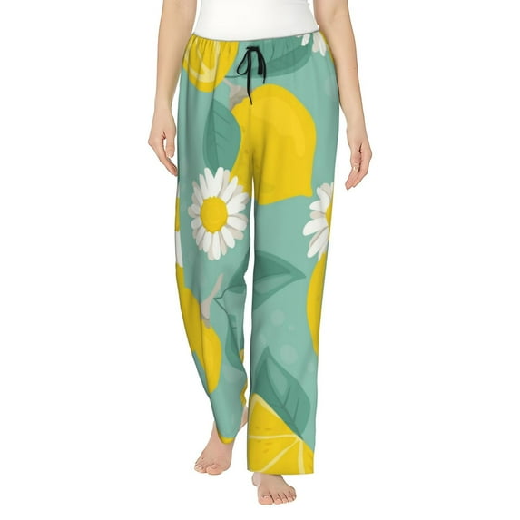 Balery Lemons Chamomile Flowers And Leaves print Women's Pajama Pants,Ultra Lightweight Pjs,Lounge Pant-Medium