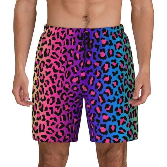 Balery Leopard Neon Rainbow Gradient Mens Swim Trunks Swim Shorts for Men Quick Dry Inseam Beach Shorts with Compression Liner Pocket-Small