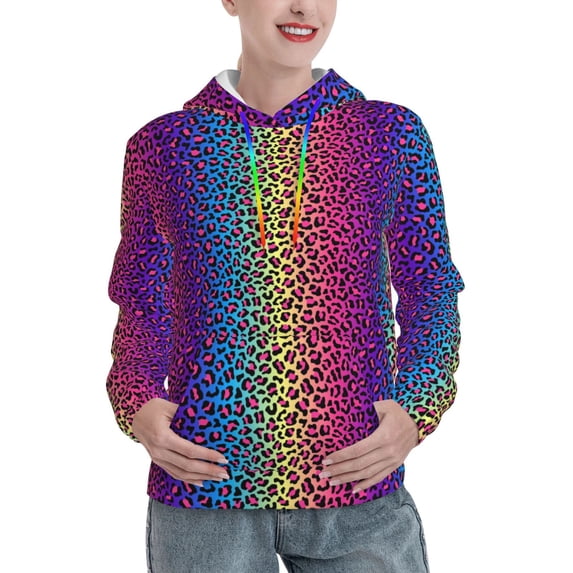 Balery Leopard Neon Rainbow Gradient Pattern Womens Long Sleeve Hoodie, Pullover Hooded Sweatshirt, Kangaroo Pocket Hoodie with Eye-catching Drawstrings-Medium