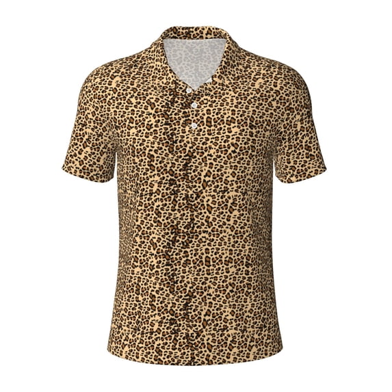 Balery Leopard Print Brown Printed Men’s Short Sleeve Polo Shirt, Midweight Men's Shirt,Golf Polo shirts -Small