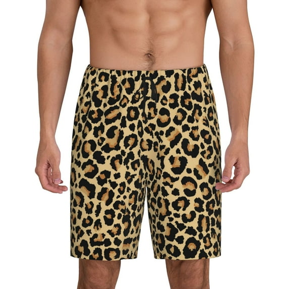 Balery Leopard Print Men's Cotton Knit Pajama Shorts Waistband & Pockets,Short Pajama Pants-Large