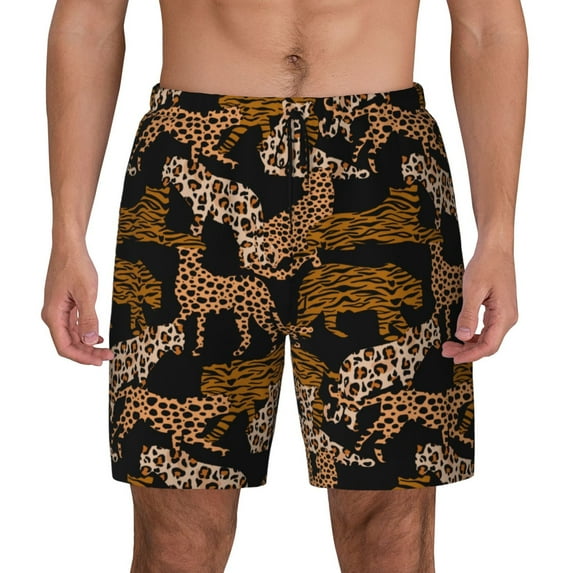 Balery Leopard Print Mens Swim Trunks Swim Shorts for Men Quick Dry Inseam Beach Shorts with Compression Liner Pocket-Large