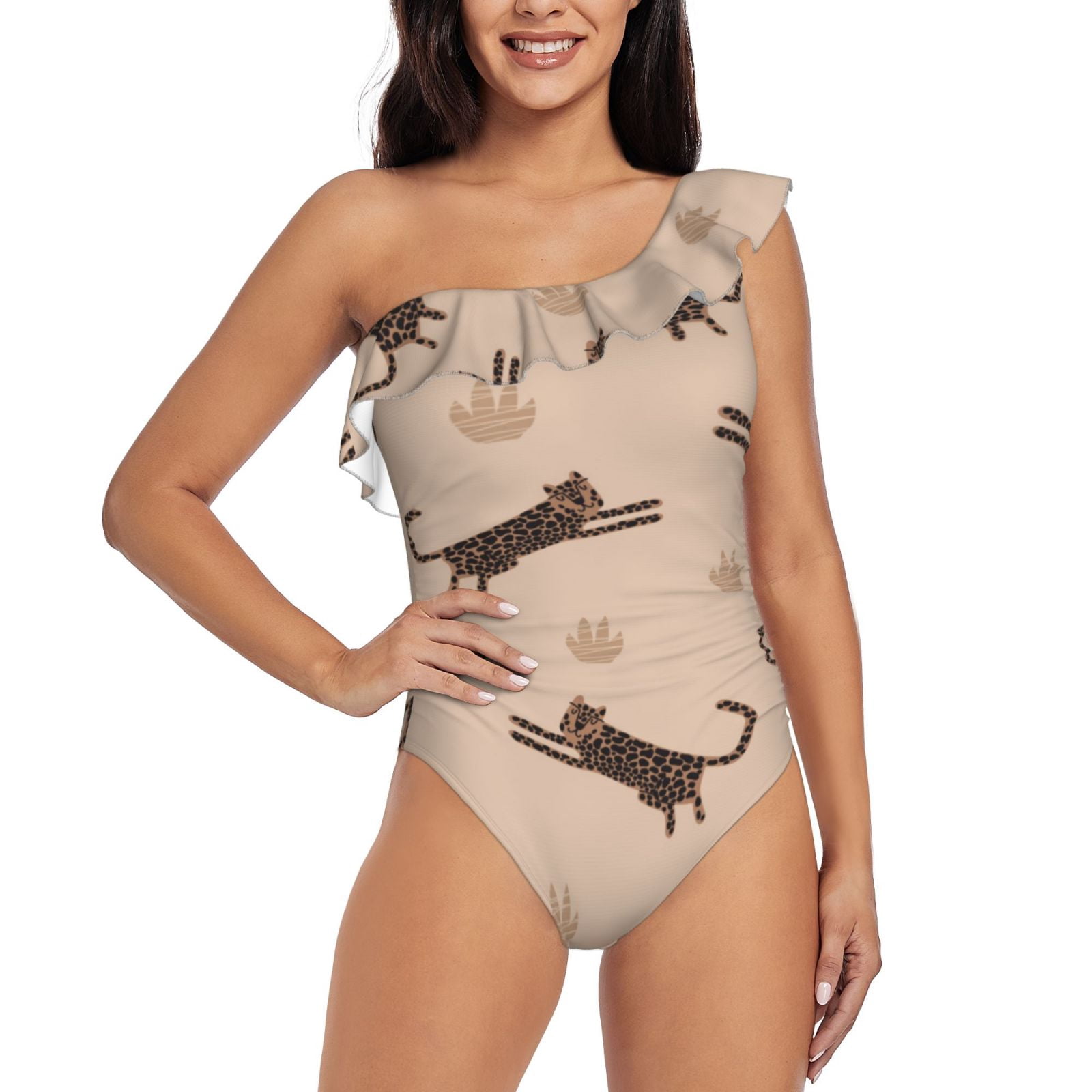 IN STOCK - Solid Black Bermuda 1 Pc w/Ruffle Shoulder & Leopard Mesh Inset Swimsuit