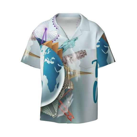 Balery Let's go Travel Men's Casual Button Down Shirt Short Sleeve Textured Summer Cuban Beach Shirts-Large