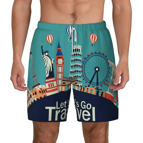 Balery Let's go Travel Mens Swim Trunks Swim Shorts for Men Quick Dry Inseam Beach Shorts with Compression Liner Pocket-Medium