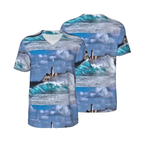 Balery Lighthouse in Havana Baseball Jersey for Men Casual Button Down Shirts Short Sleeve Active Team Sports Uniform-4X-Large
